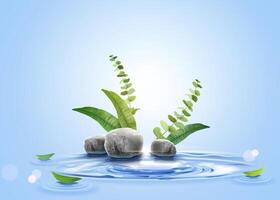 3d natural background design with clear water surface, rough stones and green leaves vector