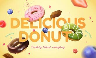 Flying doughnuts ad with raspberries, blueberries, and chocolates on yellow background in 3d illustration vector