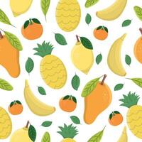 Seamless pattern or background with fruits - lemon, pineapple, tangerine, mango on a white background. vector