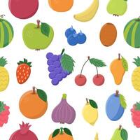 Seamless pattern with different fruits - apple, raspberry, pear, strawberry, mango, banana, plum, blueberry and others. vector