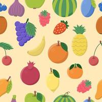 Seamless pattern with different fruits - apple, raspberry, pear, strawberry, mango, banana, plum, blueberry and others. vector