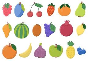 A large set of icons of different fruits - banana, strawberry, plum, cherry, raspberry, tangerine, pear, mango, pomegranate, fig, orange and others. vector