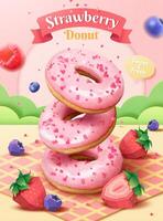 Strawberry glazed donuts ad poster. Strawberry frosted doughnuts falling on picnic plaid with blueberries and strawberries in park in 3d and papercut style vector