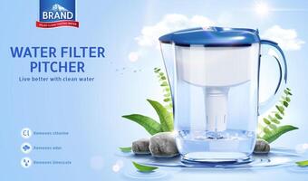 3d water filter pitcher ad template. Plastic jug mock-up displayed on ripple water surface with stones and natural leaves. Staying hydrated concept. vector