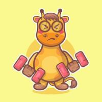 funny giraffe animal character mascot doing bodybuilding using dumbbell isolated cartoon vector