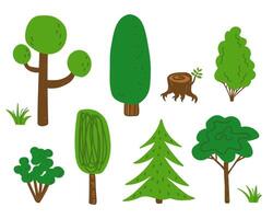 arboles dibujos animados estilo colocar. colección de bosque plantas, tocón, abeto, arbusto, césped, naturaleza elementos. mano dibujado plano ilustración en aislado antecedentes. diseño para mapa, imprimir, papel, póster, tarjeta vector