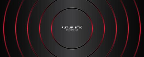 3D black techno background overlap layer on dark space with red light lines effect decoration. Graphic design element power style. Circles shape concept for web banner, flyer, card, cover, or brochure vector