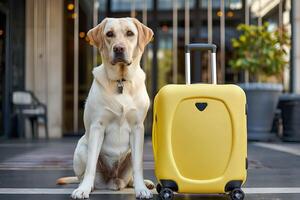 A cute Labrador dog sitting next to a bright yellow suitcase. photo