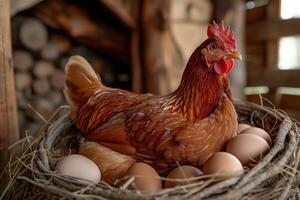 A domestic red hen perched on top of a nest filled with eggs in a chicken coop. photo