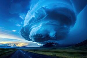 A large cloud hangs dramatically over a road in the sky. photo