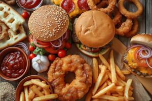 Collection of unhealthy processed food items displayed on a table. photo