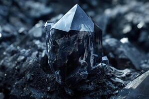 A black diamond crystal placed atop a stack of rocks, contrasting colors and textures. photo