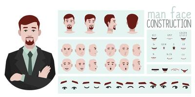 Business man avatar creation suitable for animation. Generator, constructor of diverse views of eyes, lips, emotion expressions mouth animation and lip sync. Male character face construction. vector