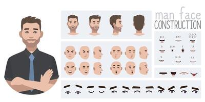 Business man avatar creation suitable for animation. Generator, constructor of diverse views of eyes, lips, emotion expressions mouth animation and lip sync. Male character face construction. vector