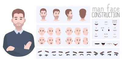 Business man avatar creation suitable for animation. Generator, constructor of diverse views of eyes, lips, emotion expressions mouth animation and lip sync. Male character face construction. vector