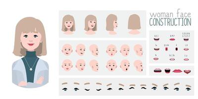 Business woman avatar creation suitable for animation. Generator, constructor of diverse views of eyes, lips, emotion expressions mouth animation and lip sync. Girl character face construction. vector