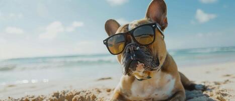 French bulldog enjoying on the sand in the ocean while wearing sunglasses photo