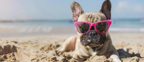 French bulldog enjoying on the sand in the ocean while wearing sunglasses photo