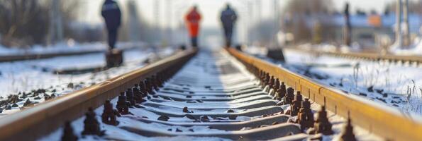 invierno ferrocarril inspección, enfocado ver en pistas con borroso antecedentes de ferrocarril trabajadores en alto visibilidad ropa inspeccionando el sitio foto