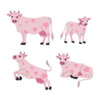 Set of cute pink cows with heart-shaped spots. graphics. vector