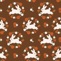 Seamless pattern with cute white bunnies and roses. graphics. vector