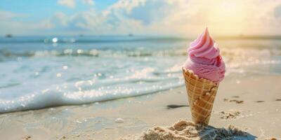 Ice cream cone with pink ice cream on the beach, close up, space for text or product in the style of copyspace photo