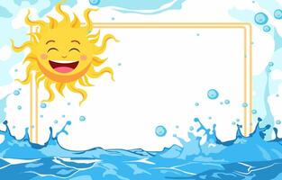 Summer Water Line Frame Background with Sun Character and Copy Space vector