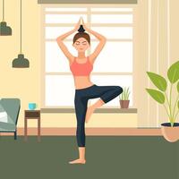 plano diseño ilustración de mujer es practicando yoga actitud deporte meditación a hogar vector