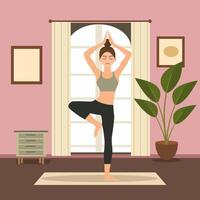 plano diseño ilustración de mujer es practicando yoga actitud deporte meditación a hogar vector