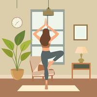 plano diseño ilustración de mujer es practicando yoga actitud deporte meditación a hogar vector