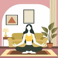 plano diseño ilustración de mujer es practicando yoga actitud deporte meditación a hogar vector