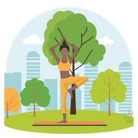 mujer es practicando yoga actitud deporte meditación en ciudad parque con paisaje urbano edificio vector