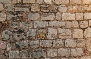 Stone texture of a wall in Montenegro. An ancient wall made of brown coloured stones. Background. Template. For design. Horizontal. photo