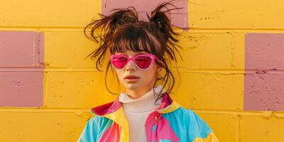 close up portrait of girl wearing colorful windbreaker jacket, photo