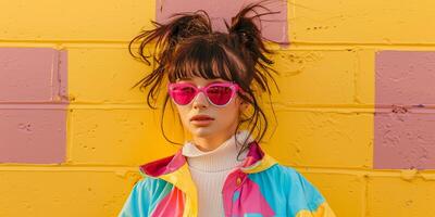 close up portrait of girl wearing colorful windbreaker jacket, photo