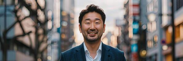 a handsome Japanese man in his thirties wearing business casual, photo