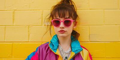 close up portrait of girl wearing colorful windbreaker jacket, photo