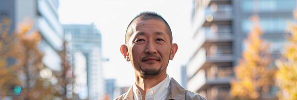 un hermoso japonés hombre en su treinta vistiendo negocio casual, foto