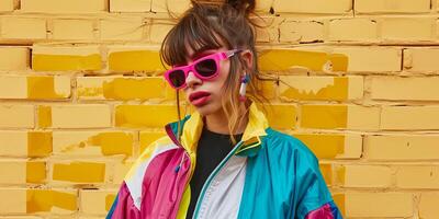 close up portrait of girl wearing colorful windbreaker jacket, photo