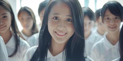 a beautiful Japanese woman with long hair and big eyes smiles, photo