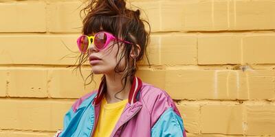 close up portrait of girl wearing colorful windbreaker jacket, photo