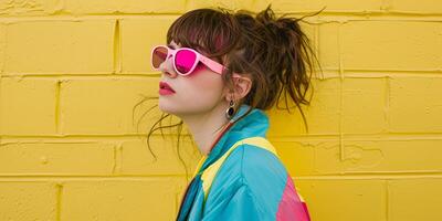 close up portrait of girl wearing colorful windbreaker jacket, photo