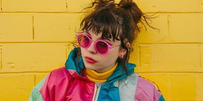 close up portrait of girl wearing colorful windbreaker jacket, photo