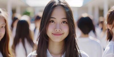 un hermosa japonés mujer con largo pelo y grande ojos sonrisas, foto