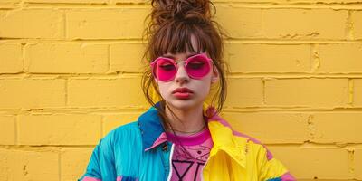 close up portrait of girl wearing colorful windbreaker jacket, photo