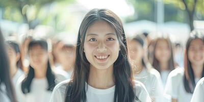 un hermosa japonés mujer con largo pelo y grande ojos sonrisas, foto