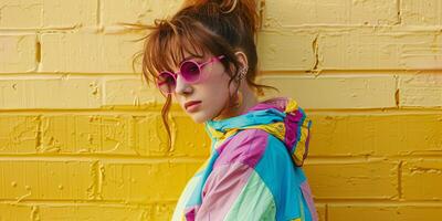 close up portrait of girl wearing colorful windbreaker jacket, photo