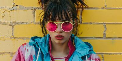 close up portrait of girl wearing colorful windbreaker jacket, photo