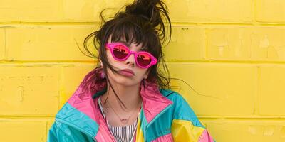 close up portrait of girl wearing colorful windbreaker jacket, photo