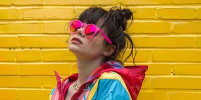 close up portrait of girl wearing colorful windbreaker jacket, photo